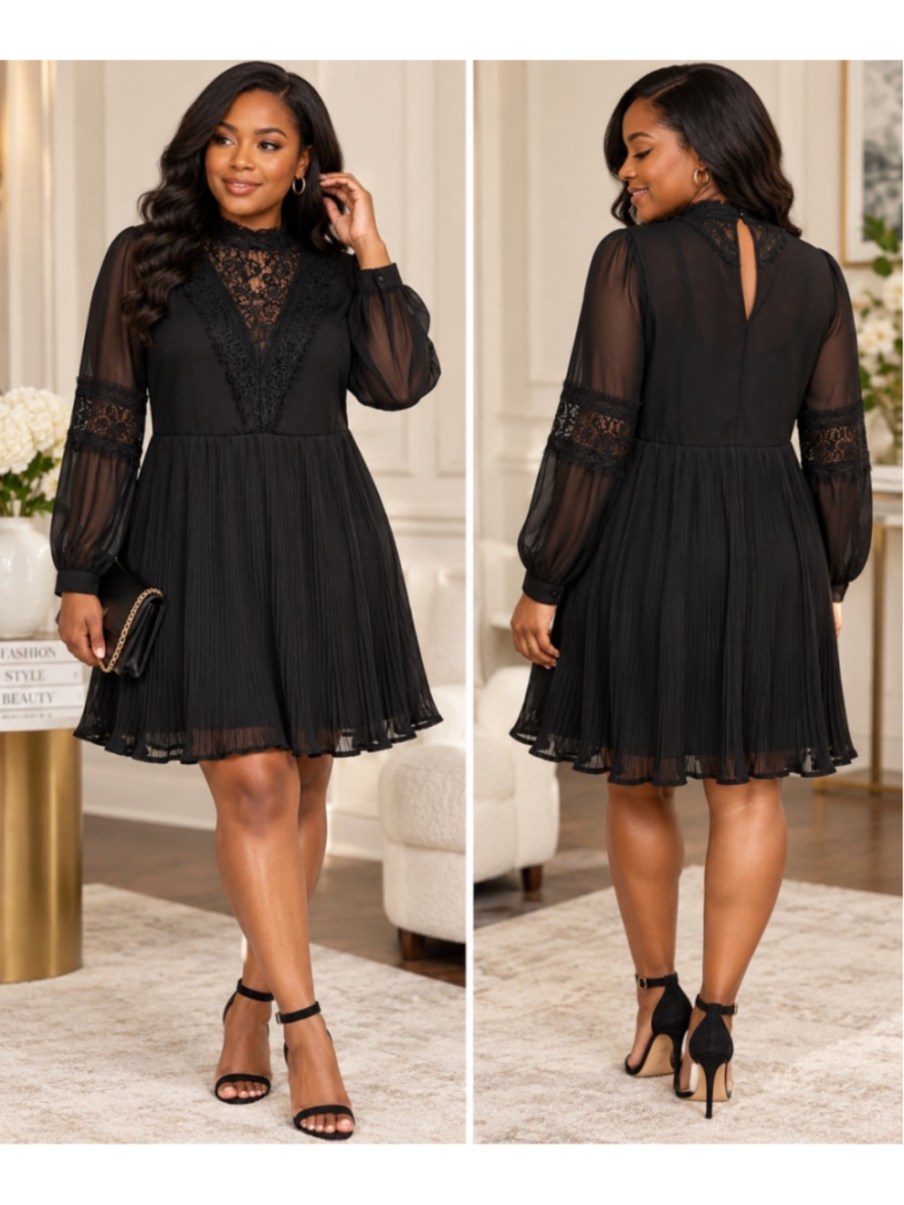 Vero Moda Black Lace Pleated Mini Dress Long Sleeve High Neck Size L